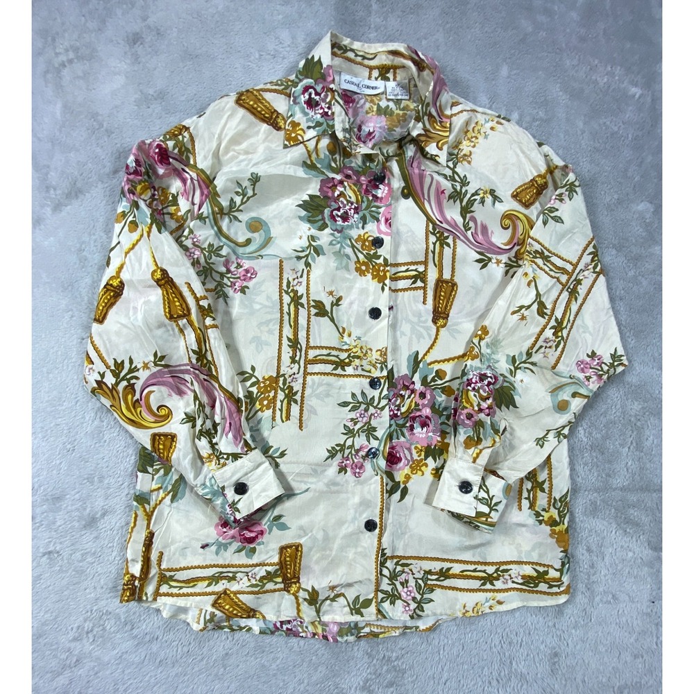 VTG Casual Corner Blouse Women XS Beige Floral Tassel Baroque Print Button Front
